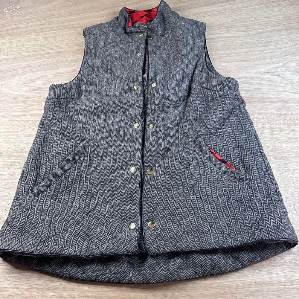 Elizabeth McKay Wool Blend Quilted Herringbone Vest Horse Lining Gray Women’s S